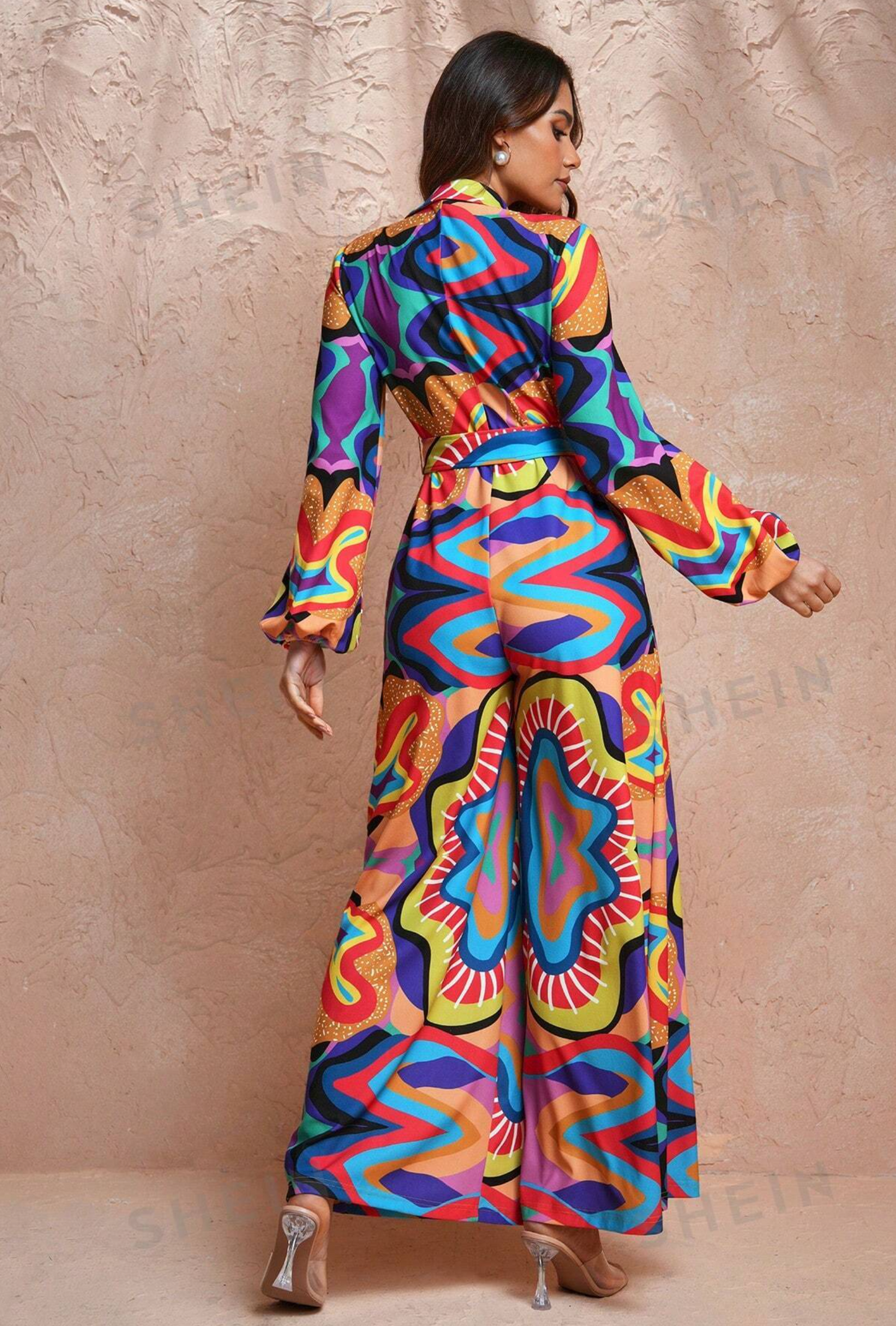 SHEIN X Abeille Creations All-Over Printed Lantern Sleeve Wide Leg Jumpsuit With Detachable Belt